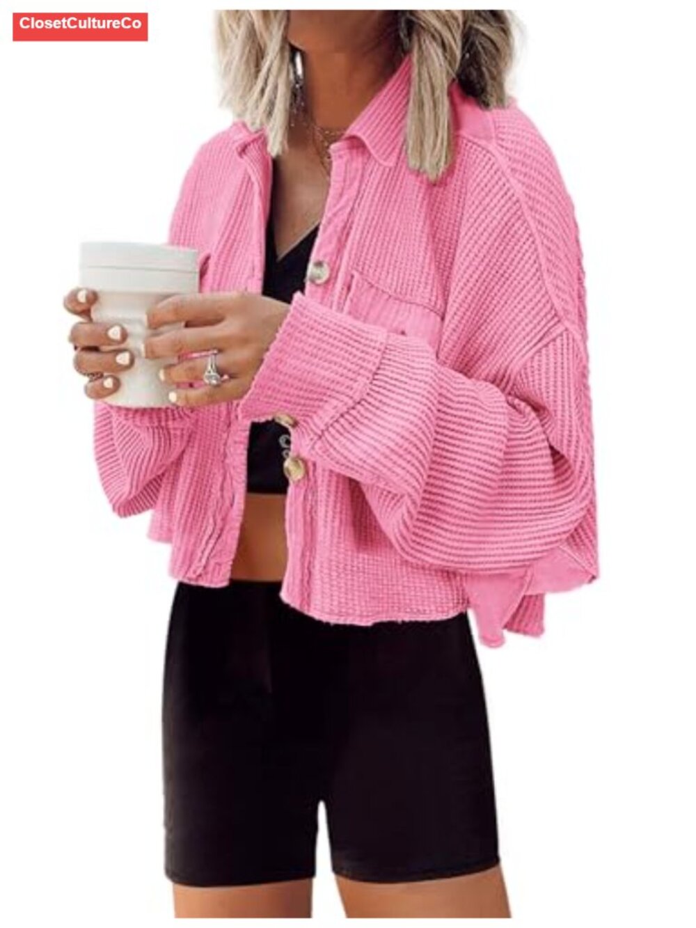 Waffle Knit Cropped Shacket Button Down Cardigan Loose Fit